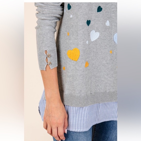 LONG SLEEVE WITH BUTTON  TEXTURED AND EMBROIDERY HEARTS STRIPE SHIRT BOTTOM - Picture 2 of 7